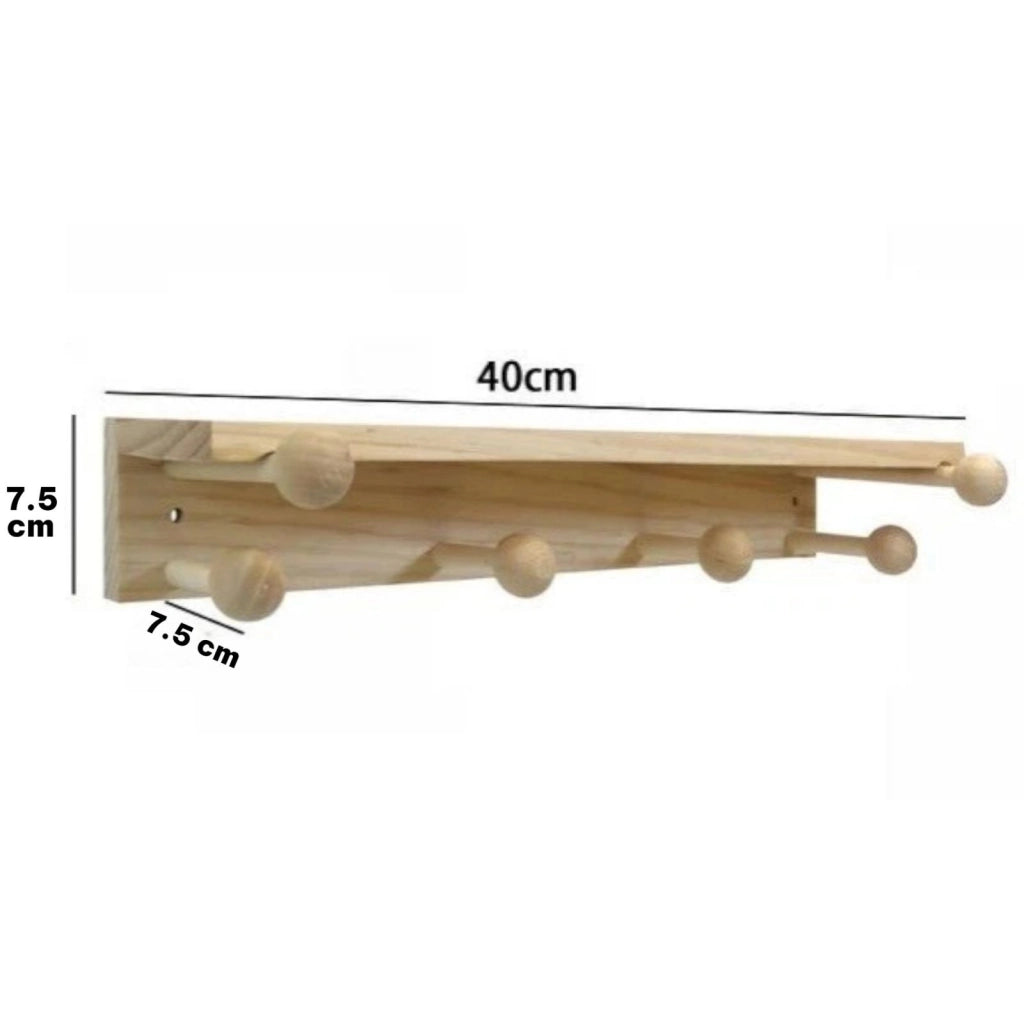 Mensola Appendiabiti in Legno Naturale 40 cm con 6 Ganci da Parete | 74212