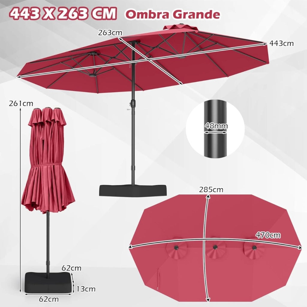 Ombrellone da patio per esterni per sole per giardino, Ombrellone da mercato grande 470 cm con base Rosso Bordeaux