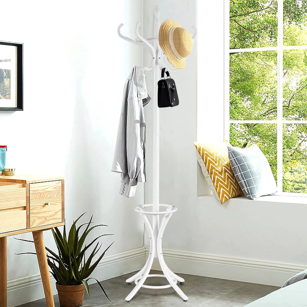 Attaccapanni da Terra Appendiabiti a piedi con 12 ganci in legno ecologico, 51 x 51 x 184 cm (Bianco)