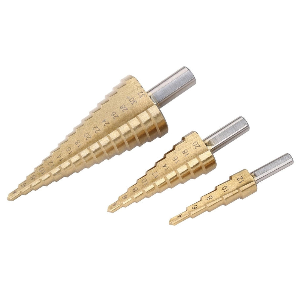 Trade Shop - Kit 3 Punte Frese Coniche Gradino 4-12 4-20 4-32 1/4 Titanio Trapano Avvitatore -
