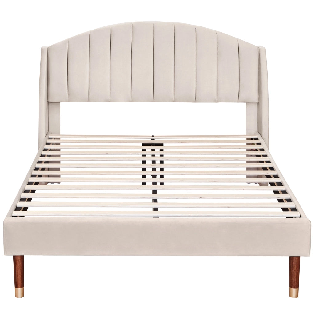 Letto imbottito 140x190 cm in velluto beige con rete a doghe e testiera, montaggio facile