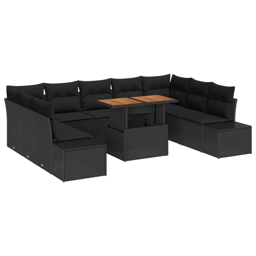 Set da pranzo da giardino vitaXL in 10 pezzi con cuscini, Rattan nero, Acacia