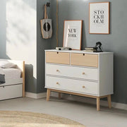 Cassettiera 4 cassetti bianco e pino Estefania 100x40x81H – Legno massiccio per ambienti accoglienti