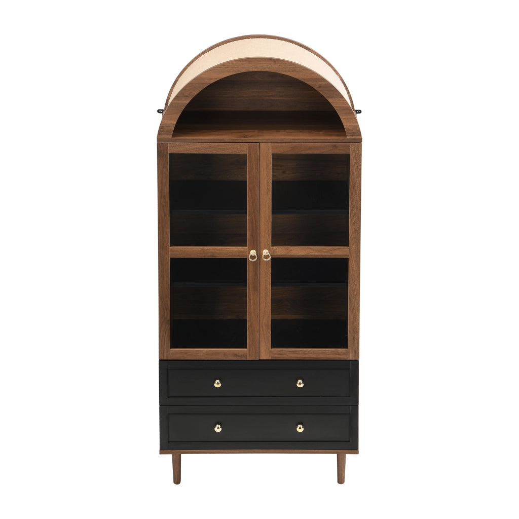 Credenza moderna con ripiani regolabili e vetro rigato; 70x38x165 cm; noce