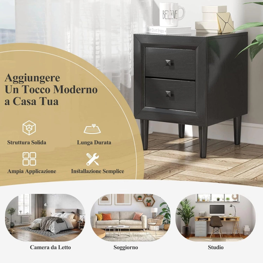 COSTWAY Comodino 40 x 39,5 x 55cm con 2 Cassetti, Tavolino Moderno da Salotto con Solide Gambe in Legno di Gomma, Mobile per Ufficio, Salone e Camera da Letto (2 x Nero)