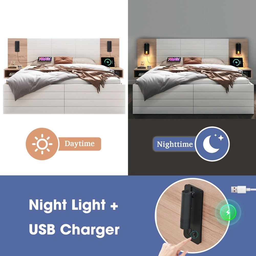 Letto Matrimoniale in Legno con Cassetti e Testiera LED ¨C MINIMAL ¨C Rovere/Bianco 140x200