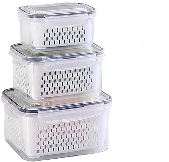 Organizzatore per frigorifero con set di contenitori vershouddozen, 3 pezzi di contenitori per alimenti (3,15L + 1,7L + 0,8L) con coperchio e set di setole rimovibili