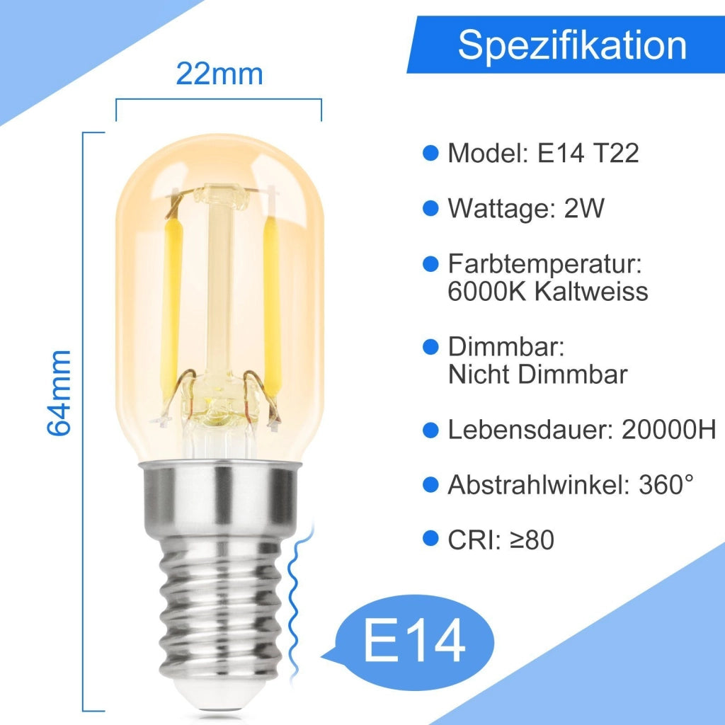 ZMH confezione da 2 E14 LED bianco freddo T22 vintage 2W retro 6000K lampada a risparmio energetico E14 non dimmerabile