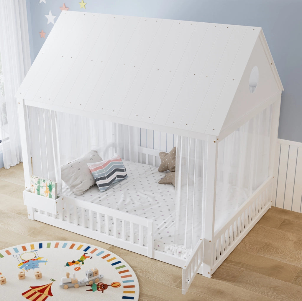 Letto singolo per bambini 140x200 cm bianco con tende