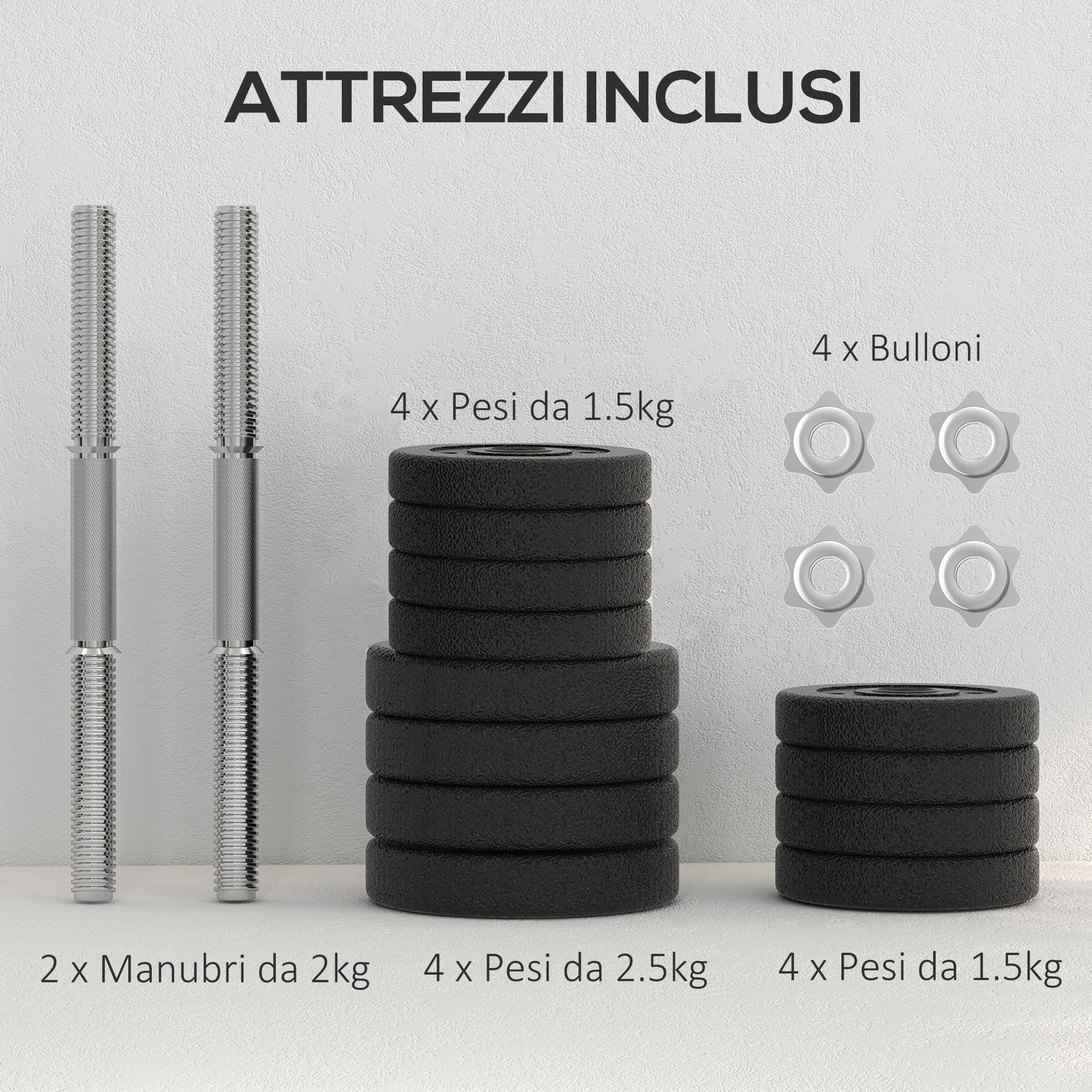 Set 2 Manubri da 25Kg Totali con 12 Dischi in Acciaio e PU Nero