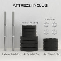 Set 2 Manubri da 25Kg Totali con 12 Dischi in Acciaio e PU Nero