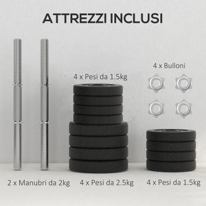 Set 2 Manubri da 25Kg Totali con 12 Dischi in Acciaio e PU Nero