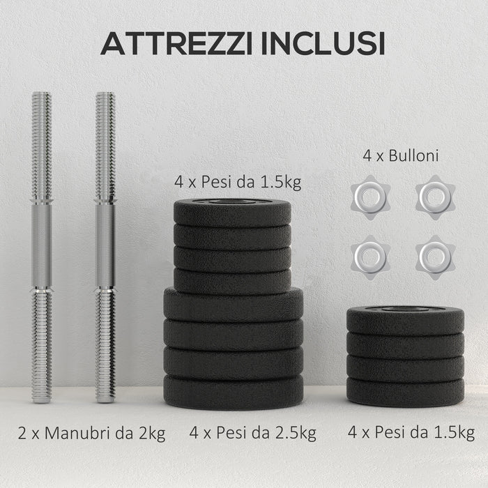 Set 2 Manubri da 25Kg Totali con 12 Dischi in Acciaio e PU Nero