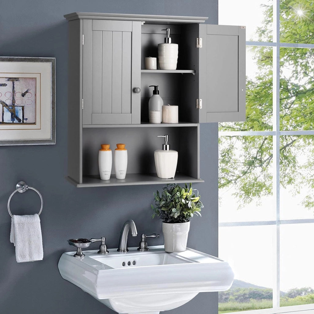 Mobiletto Pensile da Bagno, Mobile Armadietto Bagno sospeso con 2 Porte, Armadietto a Muro delle Medicine, Mensola Regolabile, Capacità di 30 kg (Grigio)