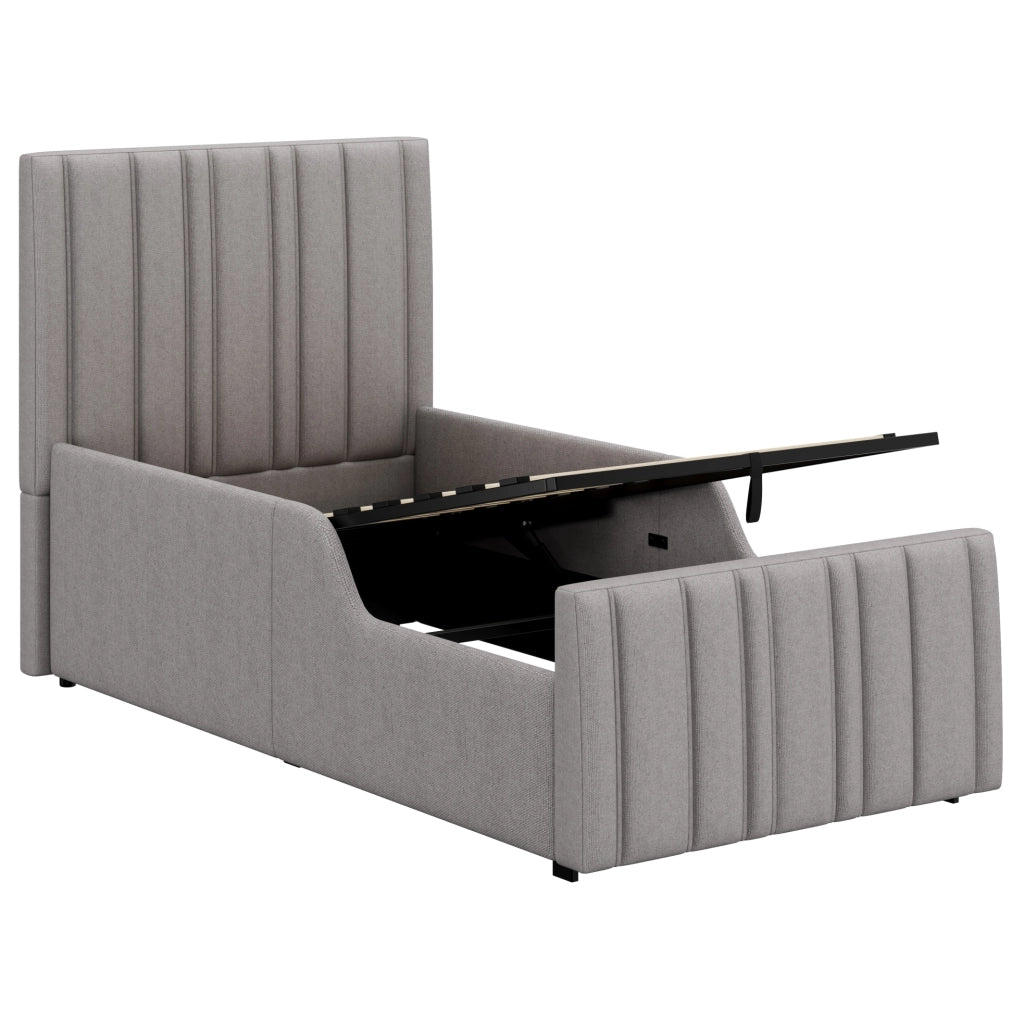 Letto imbottito 90x200 cm con contenitore e testiera trapuntata in lino grigio