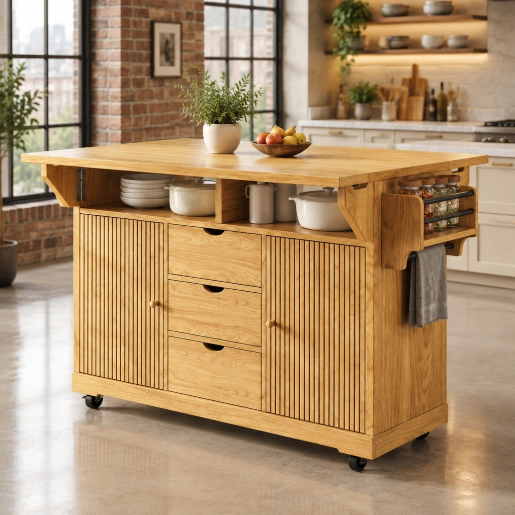 Isola da cucina mobile con piani ribaltabili, 3 cassetti, marrone