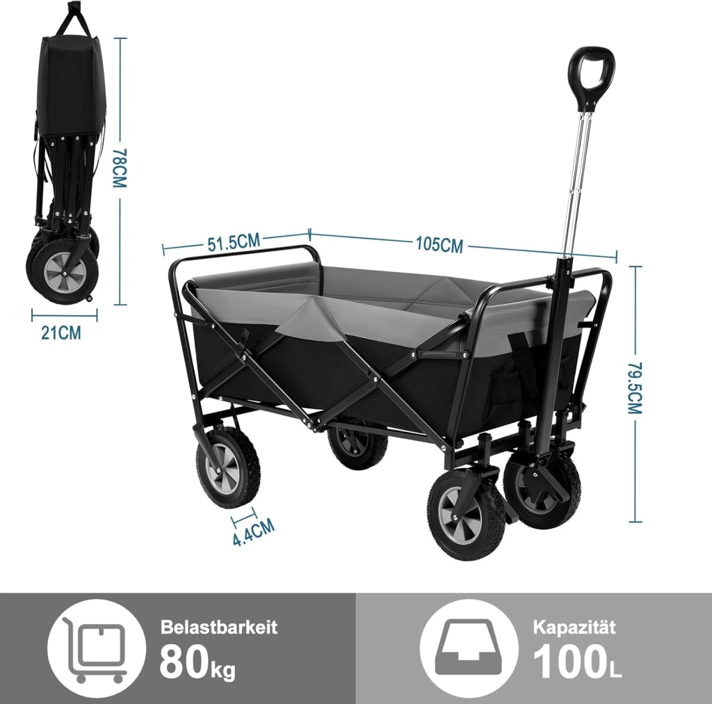 Carrello da Giardino Pieghevole, con Maniglia Regolabile, Carrello da Spiaggia Portatile con Tasche Laterali per Spesa, Picnic, Adatto a Vari Suoli, Portata 80 kg, Nero+Grigio