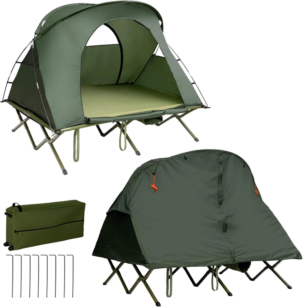 4 in 1 Tenda da Campeggio Rialzata per 2 Persone, Letto Brandina da Campeggio Pieghevole con Materasso Gonfiabile Automatico, Tenda a Doppio Strato Impermeabile e Antivento con Borsa