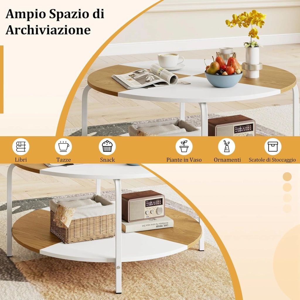 Tavolino da Salotto, Tavolino a 2 Livelli con Ripiano e Piedini Antiscivolo, Tavolo da Caffè Rotondo in Legno e Metallo, per Soggiorno, Studio e Ufficio, Portata 100 kg, 80 x 80 x 42 cm