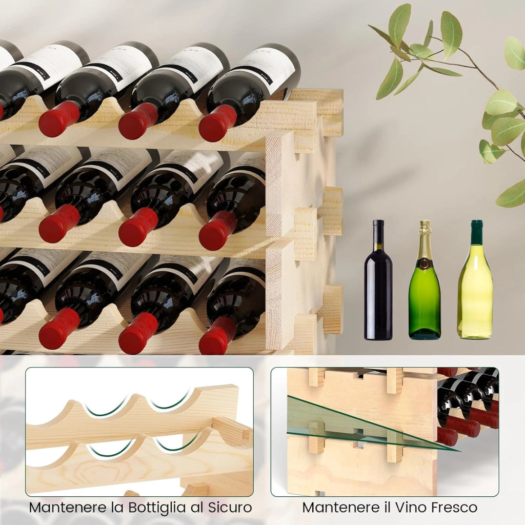 Portabottiglie di Vino da 9 Livelli per fino a 108 Bottiglie, Cantinetta Portabottiglie di Vino in Legno di Pino Naturale, Scaffale Espositivo da Pavimento per Vino da Bar (120 x 29 x 106 cm)