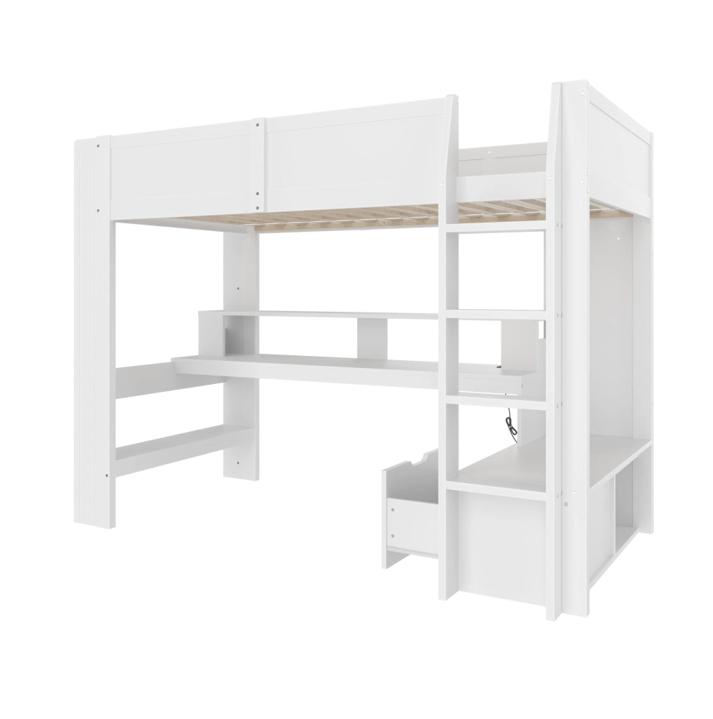 Letto a soppalco ULEVR 90x200 cm con scrivania, cassetto, ripiani e LED a 16 colori, bianco