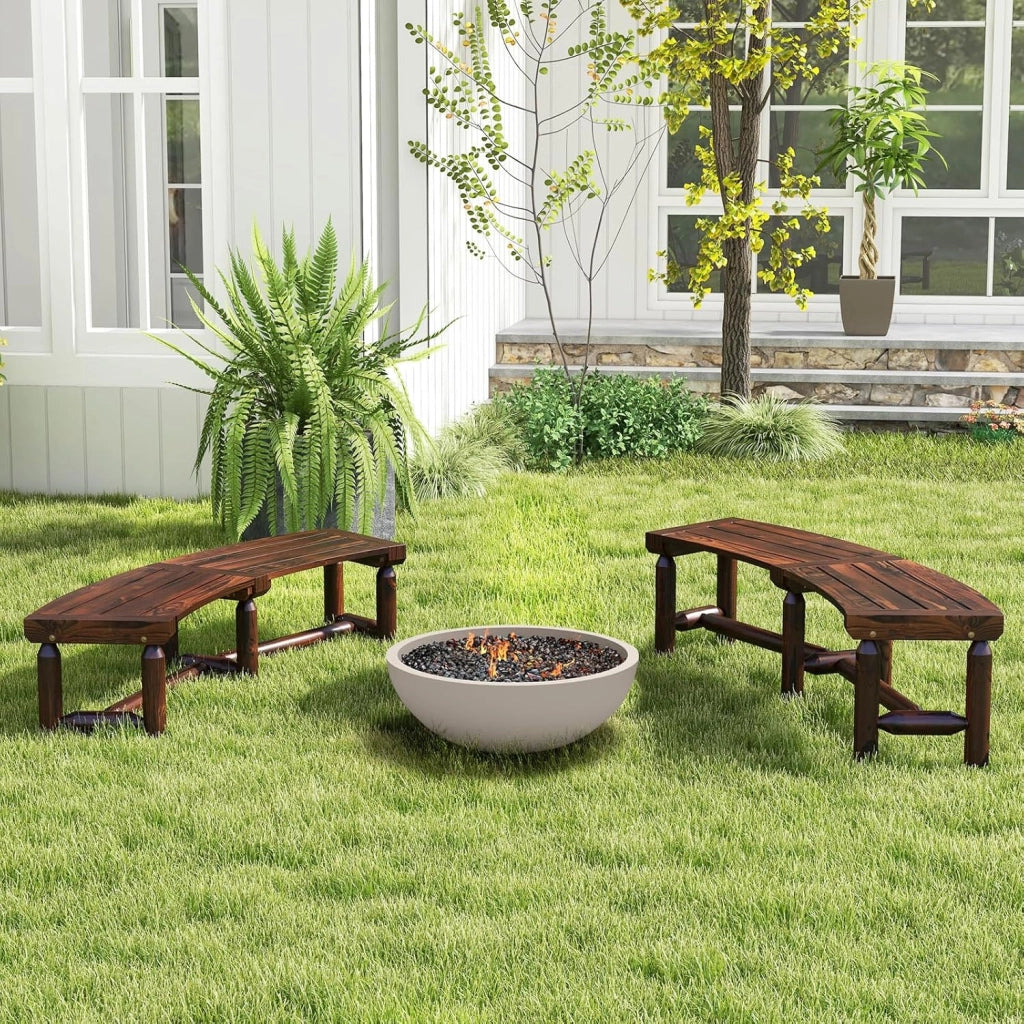 Panchina da Esterno in Legno Carbonizzato, Panca Curva con Sedile Ampio e a Doghe, Panchina da Balcone, Giardino e Cortile, Carico Massimo 325 kg