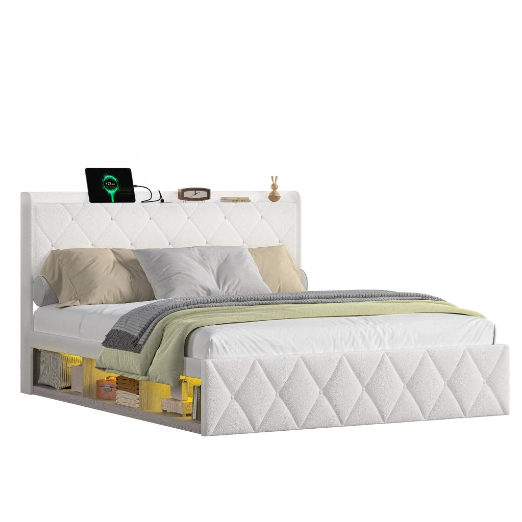 Letto imbottito 140x200 cm con LED; prese USB e ripiano in teddy bianco