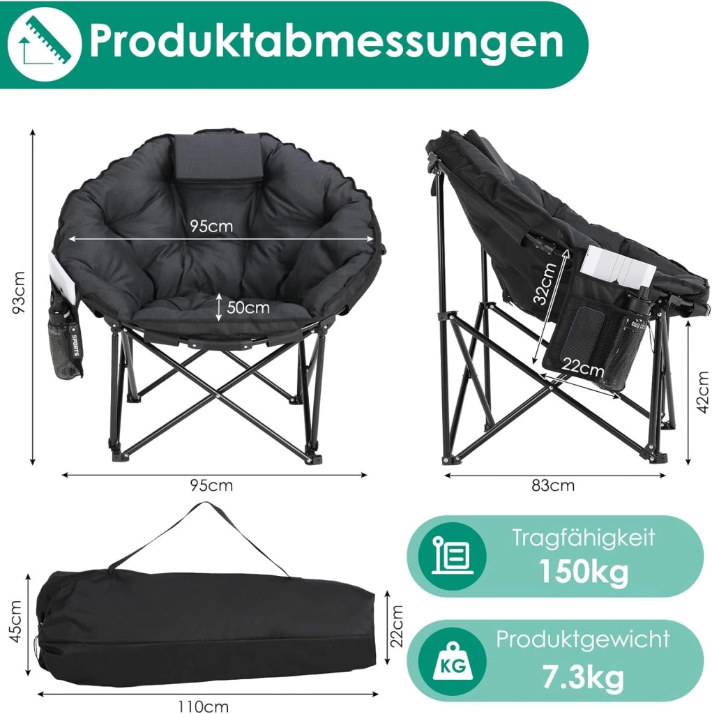 Sedia da campeggio 95 x 83 x 93 cm, sedia pieghevole Moon con seduta imbottita in cotone, poggiatesta, portabicchieri, piedini antiscivolo, borsa portaoggetti e supporto, 150 kg, portatile