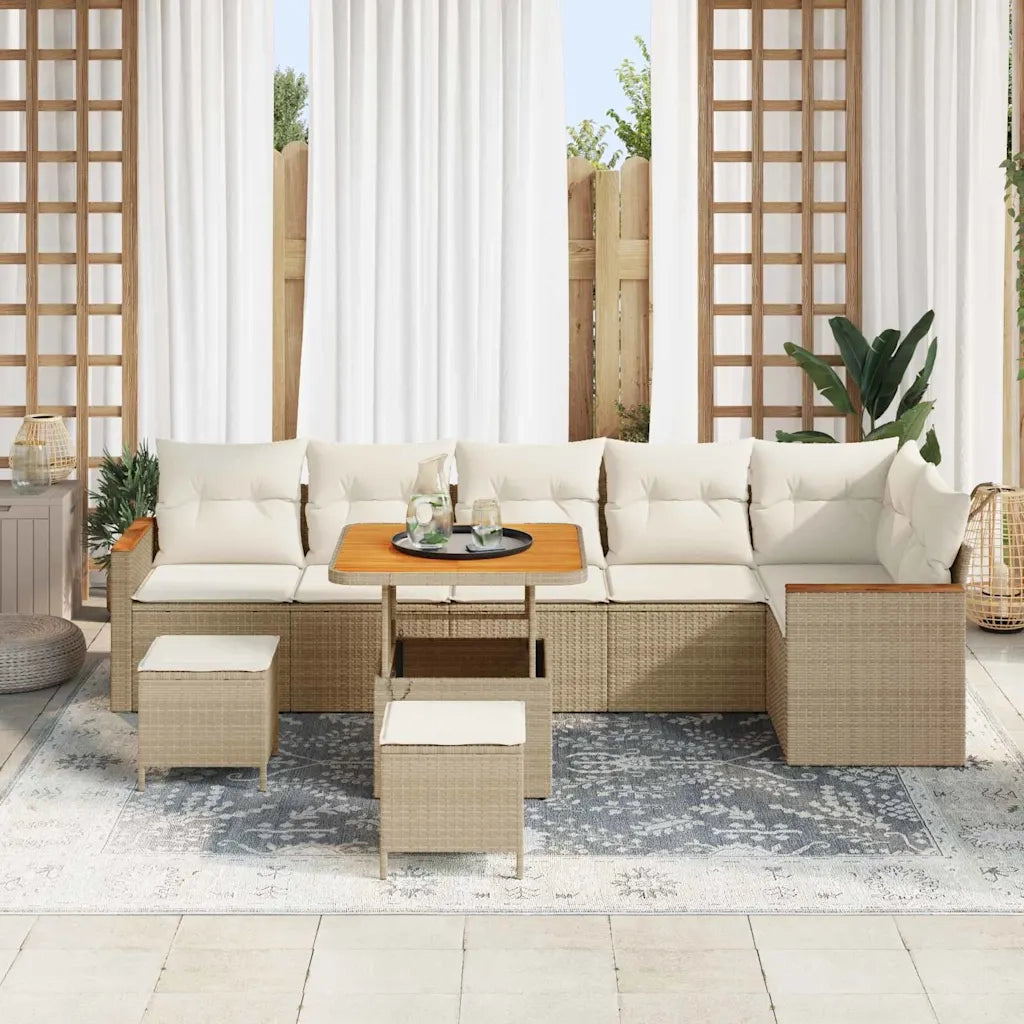 Set Divano da Giardino con cuscino 9 pcs Beige Poly Rattan
