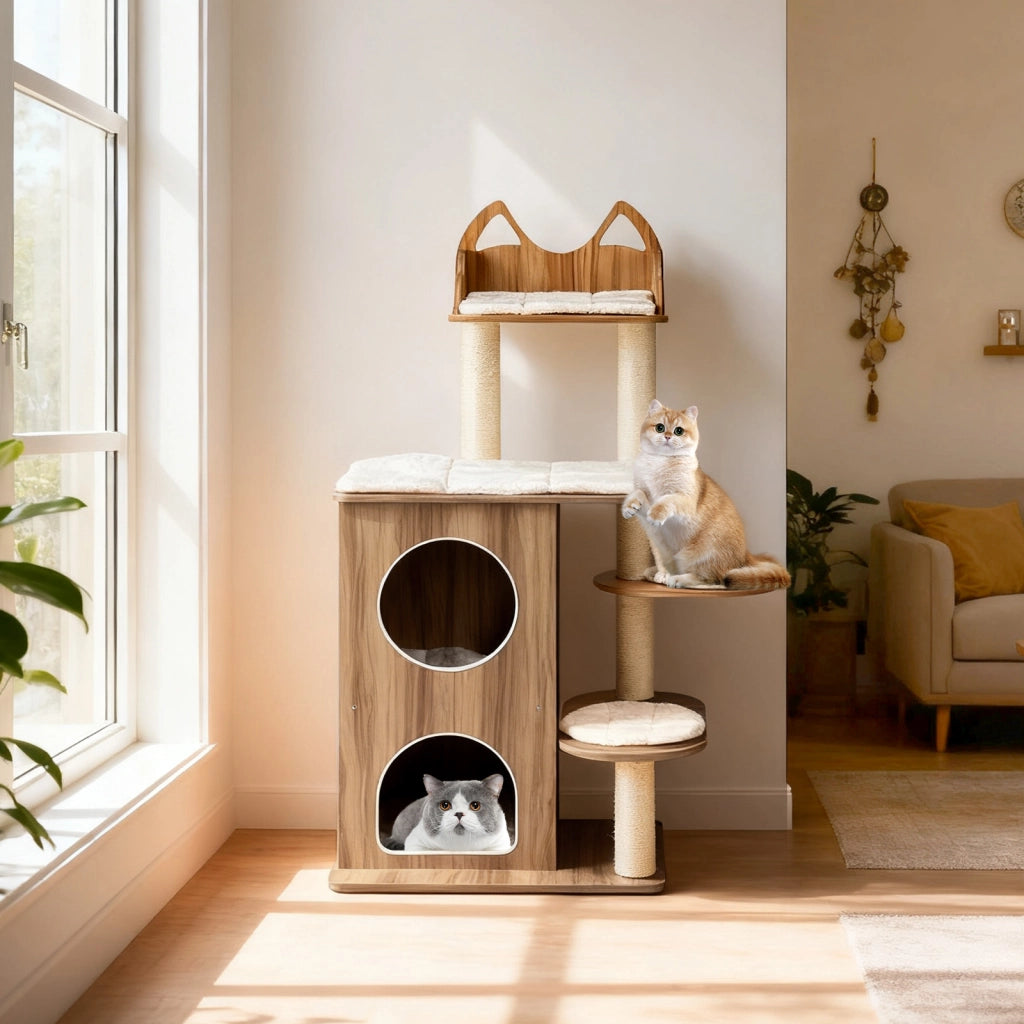 Albero per gatti in legno condominio 2 piani 3 piattaforme con cuscin-Torre per gatti piattaforma testa di gatto posti grattare sisal