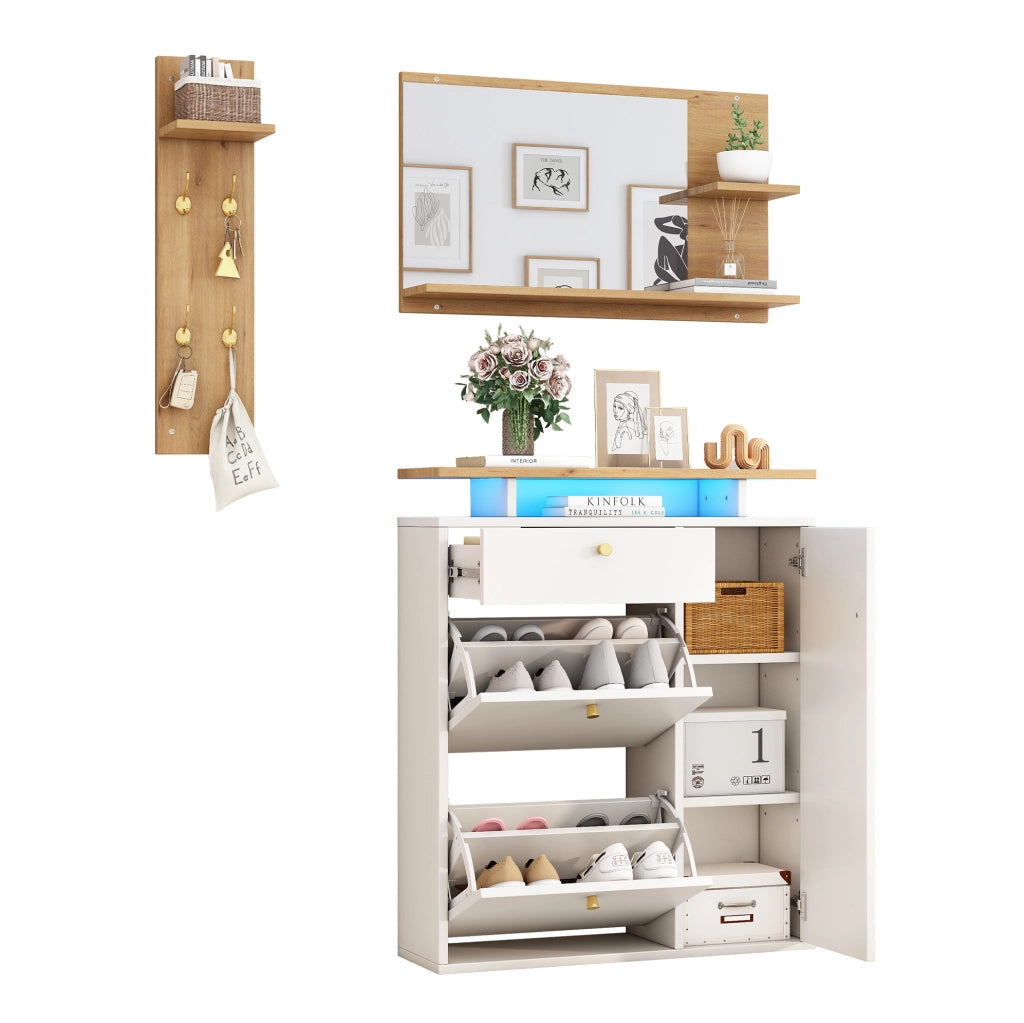 Set da ingresso 3 pezzi con scarpiera; specchio e appendiabiti LED; 105 x 25 x 151;5 cm; bianco