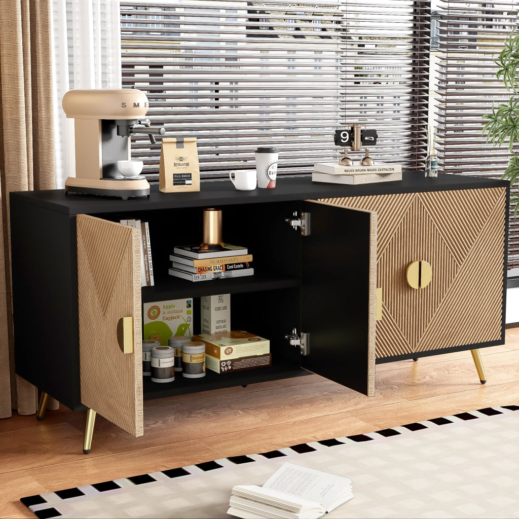OKWISH Madia con 4 Ante e Cerniere con Chiusura Ammortizzata per Soggiorno o Sala da Pranzo, MDF e Truciolare, Nero e Legno, 160 x 40 x 75 cm