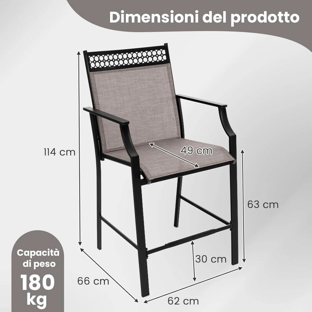 Set di 2 Sedie da Giardino, Poltrona da Bar per Patio, Sedie da Pranzo Altezza con Poggiapiedi e Braccioli, con Gambe in Metallo, Portata 180 kg, 66 x 62 x 114 cm (Caffè)