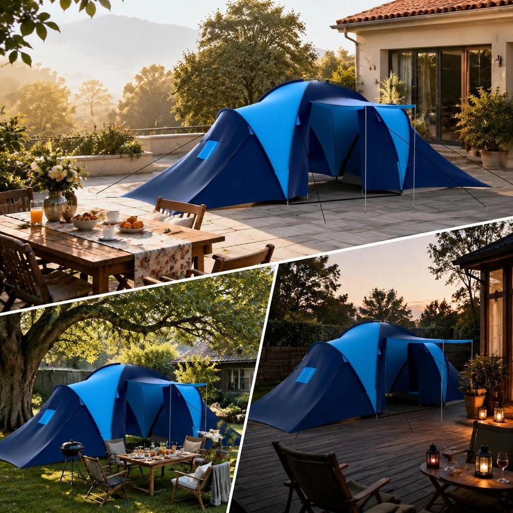 Camping Tent, Fabric, 9 Persons, Dark Blue And Blue