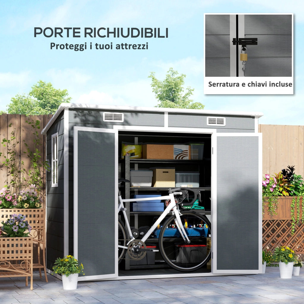 Casetta Box da Giardino 240x130 cm con Pavimento 2 Porte con Blocco e Finestra in Resina Grigio