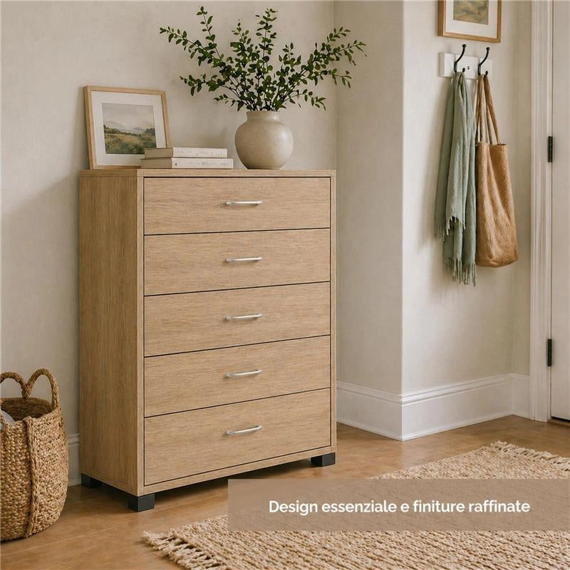 CASSETTIERA 5 CASSETTI IN LEGNO CON PIANO D'APPOGGIO COLORE ROVERE DIMENSIONI 68X40X101CM