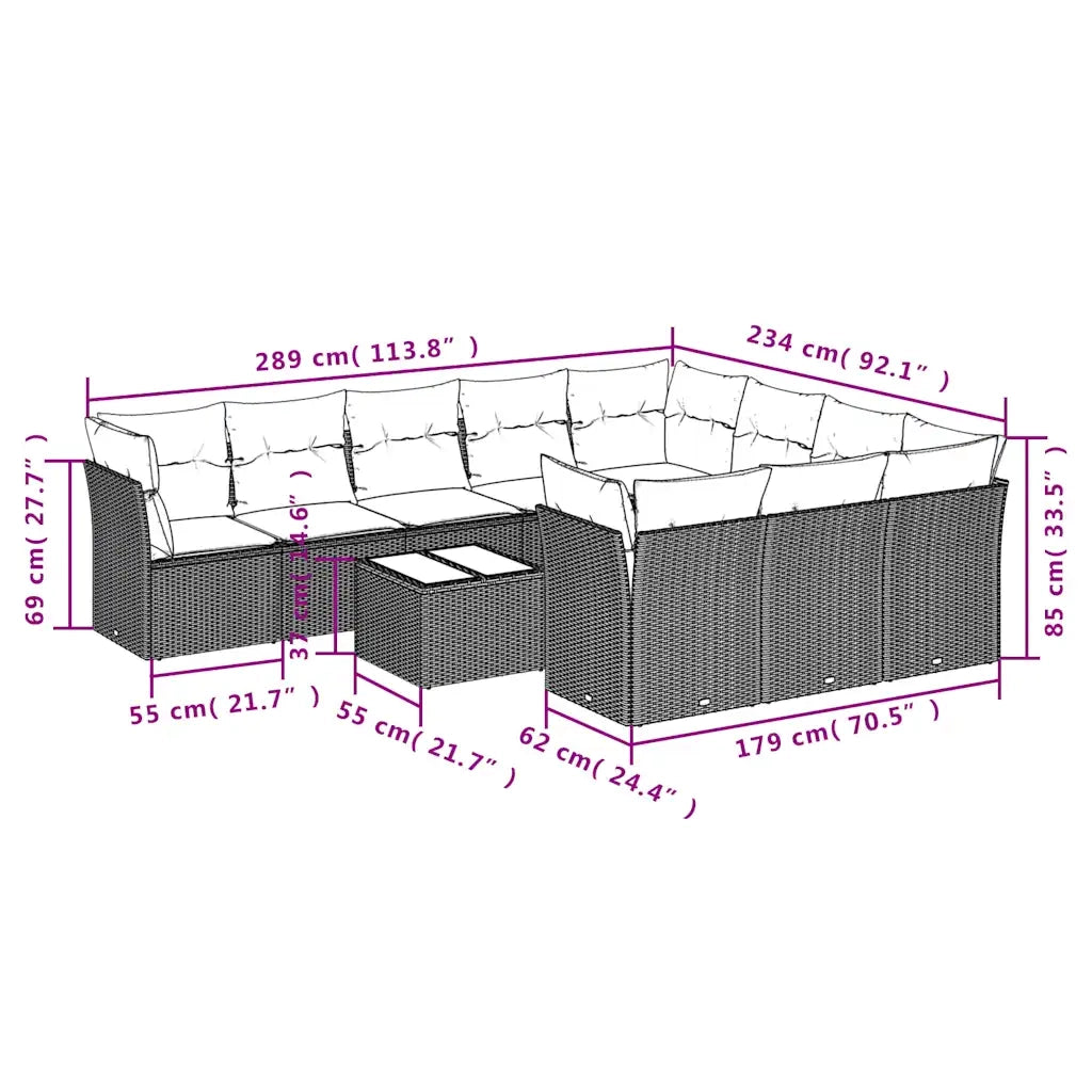 Set Divani da Giardino 11 pz con Cuscini Polyrattan Marrone