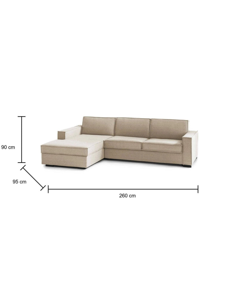 Albenga, Divano Letto con Penisola Sfoderabile Made in Italy, 260x95 cm Beige