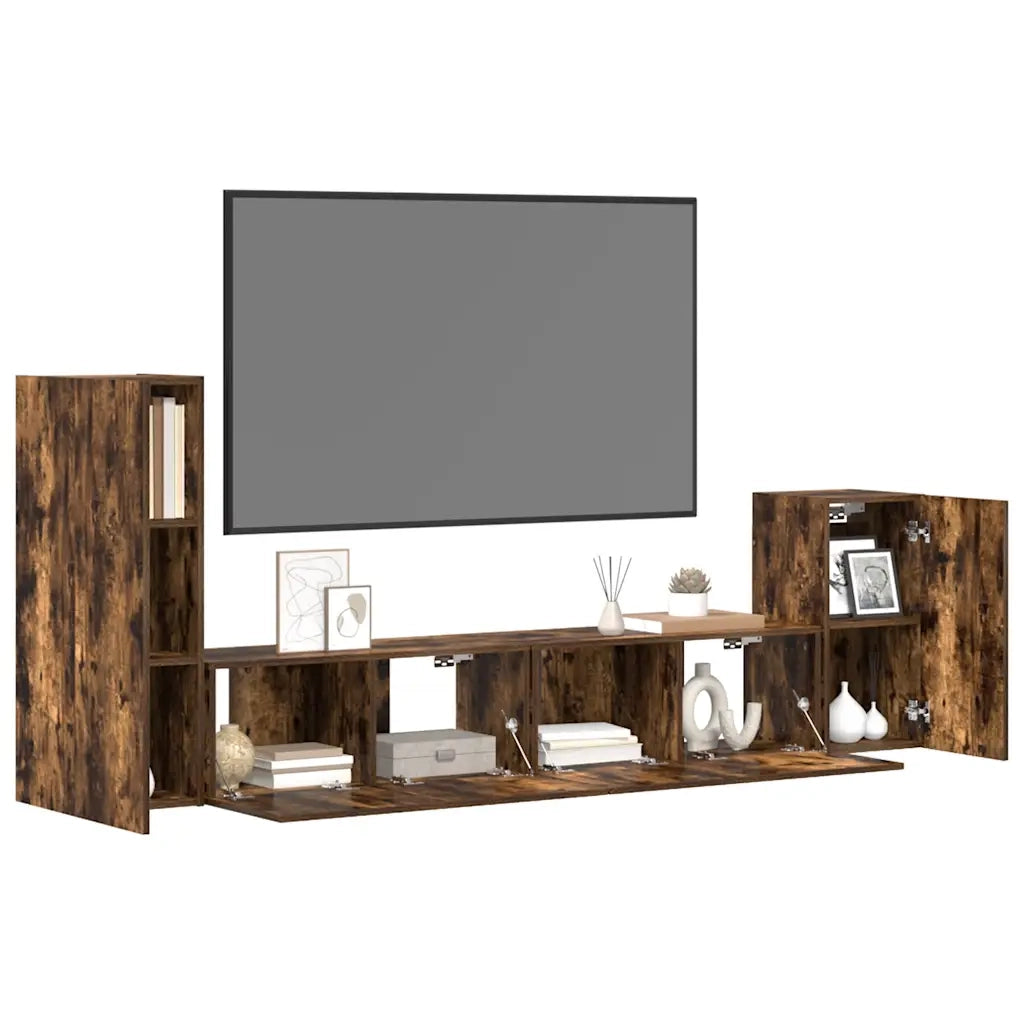 Set di Mobili Porta TV 4 pz Rovere Fumo in Legno Multistrato cod mxl 12128