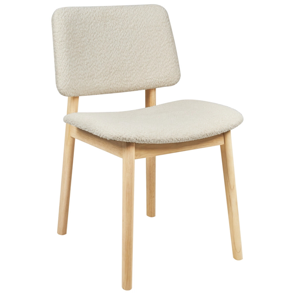 Set di 2 sedie da pranzo marrone chiaro e bianco sporco con struttura in legno di gomma e seduta bouclé, design retrò senza braccioli