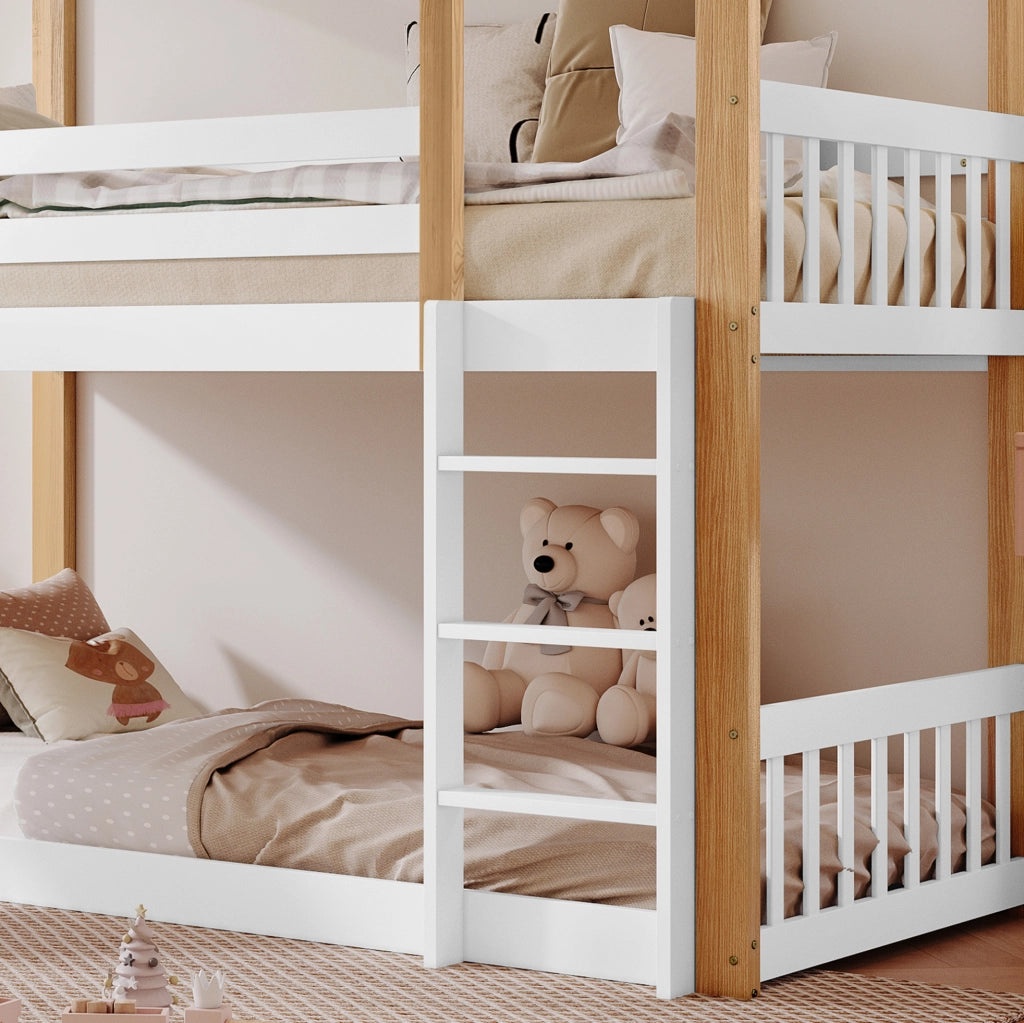 Letto a castello 90x200 cm con scivolo e scala in legno di pino e MDF bianco