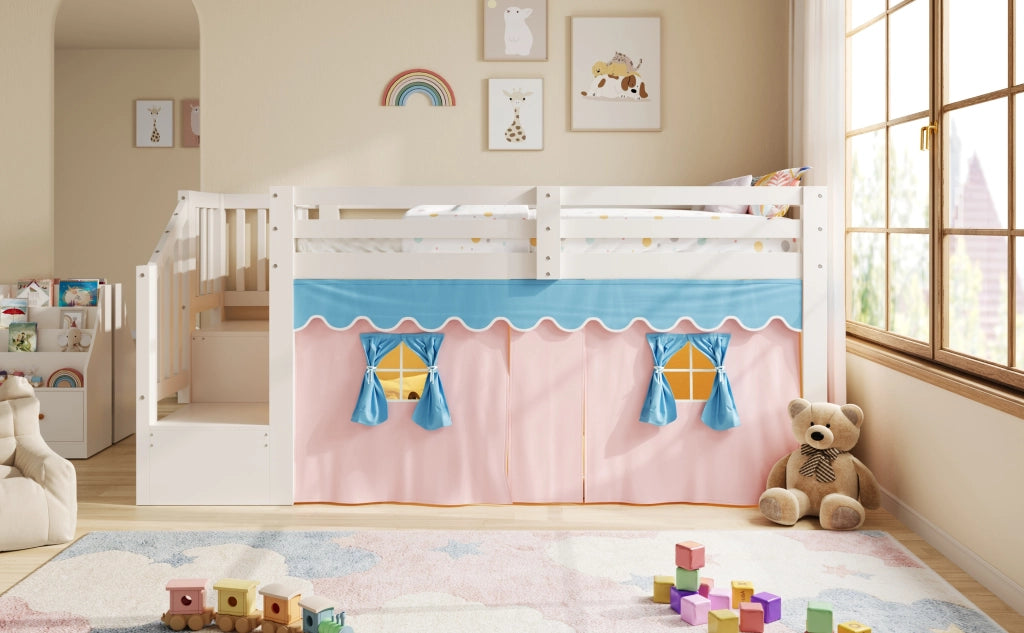 Letto a soppalco 90 × 200 cm con tende oscuranti, LED regolabile, spazio contenitore e senza materasso, bianco