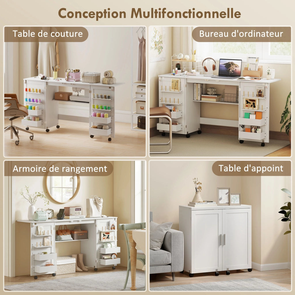 Tavolo da cucito pieghevole con ruote ¨C Xylo ¨C 2 ante magnetiche, 4 contenitori, 20 ganci, 160x40x81.5cm, bianco
