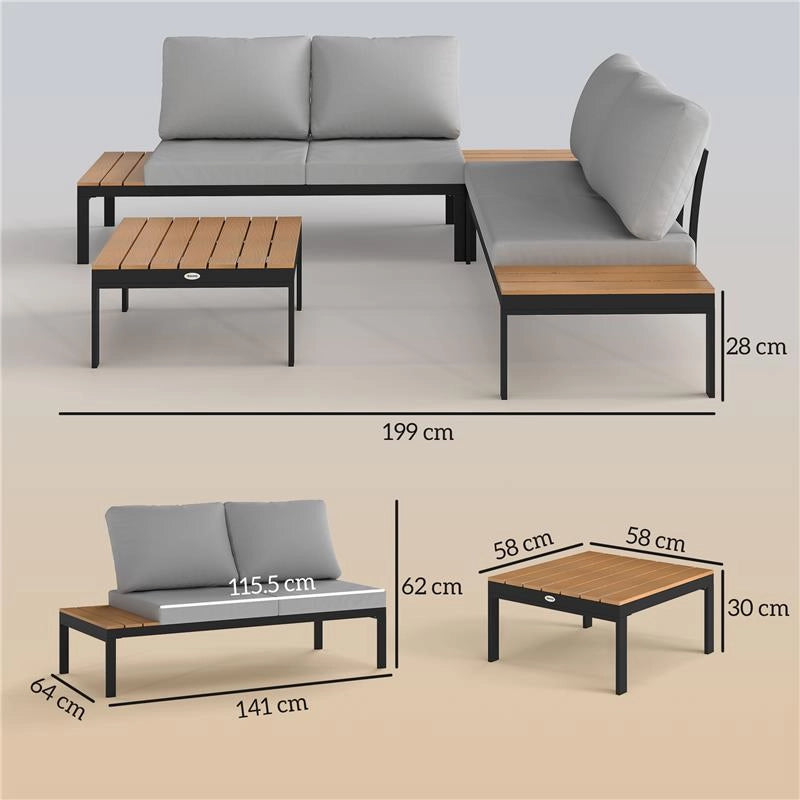 SET DA GIARDINO 4 PEZZI CON 2 DIVANETTI 2 POSTI E 2 TAVOLINI IN METALLO E LEGNO COMPOSITO GRIGIO NERO E TEAK