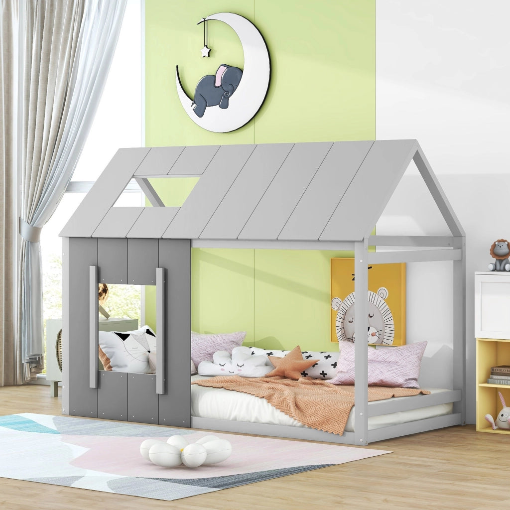 OKWISH Letto a casetta 90×200 cm, Letto Singolo con Tetto, Finestra e 8 Doghe, senza Materasso, in Pino e MDF, Grigio