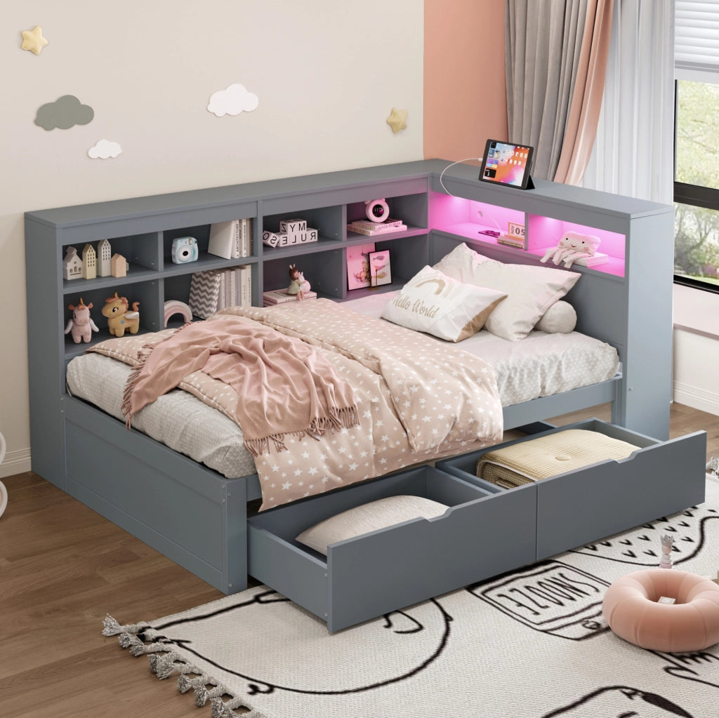 Letto da giorno ULEVR 90x200 cm con cassetti, ripiani, presa USB e LED multicolore, grigio