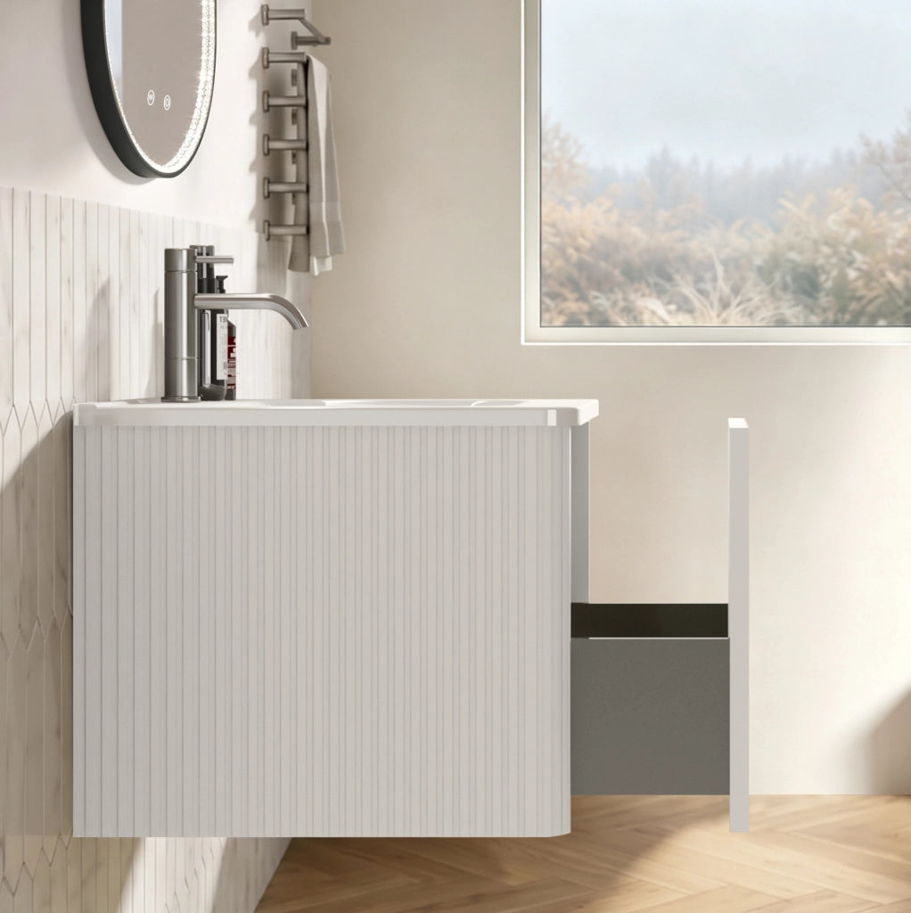 Mobile bagno sospeso ULEVR 80 cm con lavabo in solid surface e cassetti push-to-open, bianco
