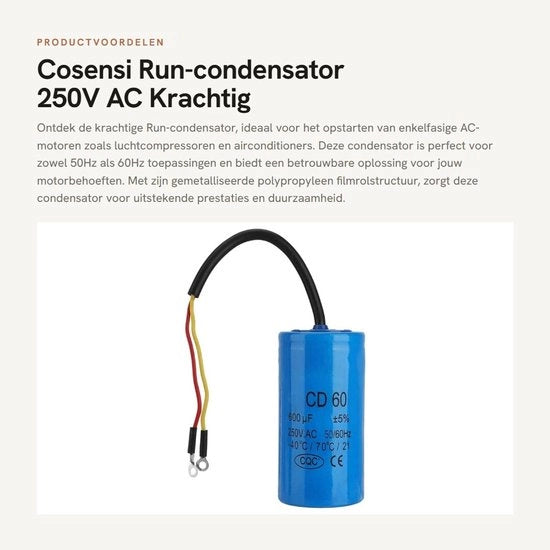 Condensatore 250V AC 600uF - Condensatore di avviamento - Resistente al calore - Leggero - Duraturo - Prestazioni di isolamento affidabili - Condensatore di motore