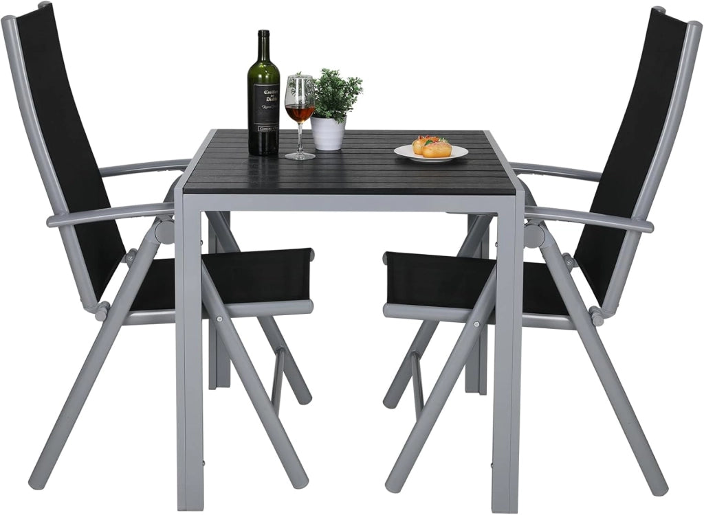 Set Giardino Esterno Alluminio 3 Pezzi, Tavolo da Giardino con Sedie, 1 Tavolo e 2 Sedie Pieghevole, Salotto Per Patio Giardino Balcone Veranda Esterno Piscina Terrazzo, Grigio argento