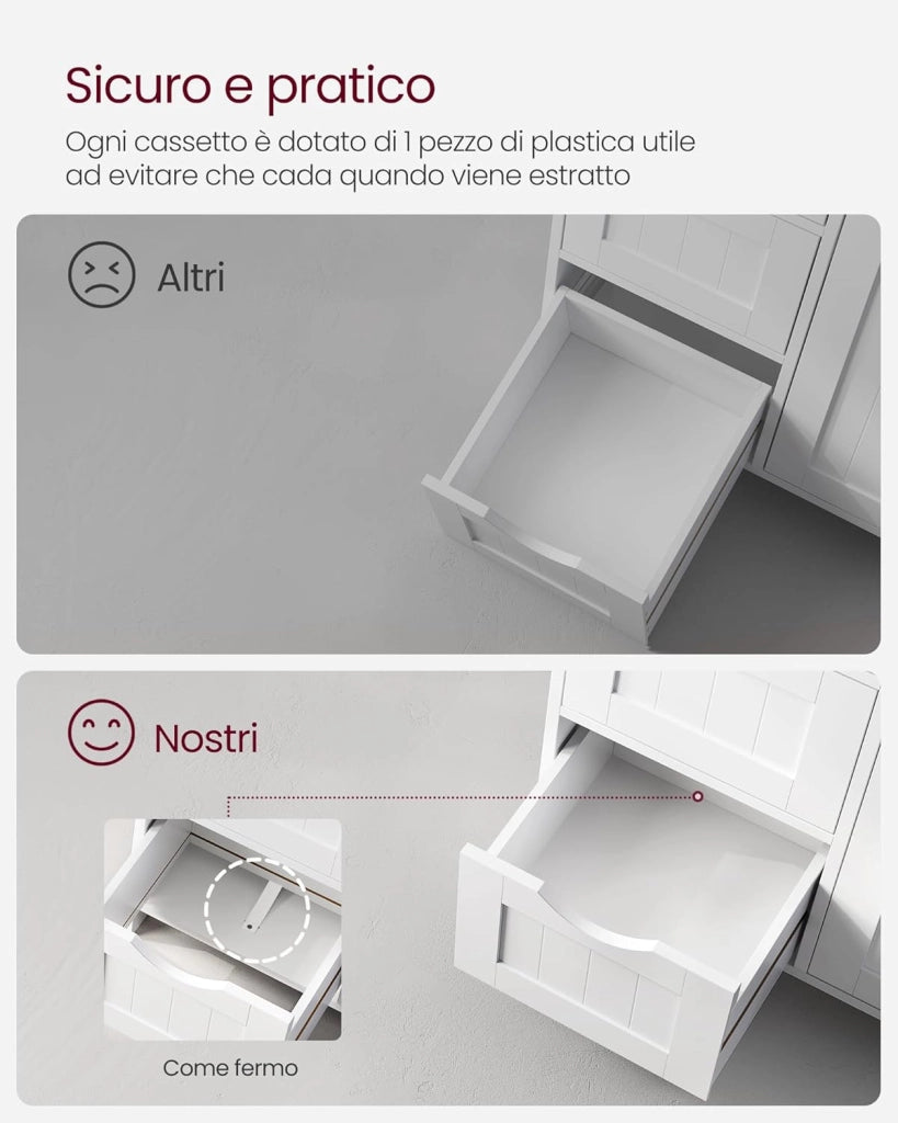 VASAGLE Mobile da Bagno, Armadietto Autoportante, Mobiletto in Legno con 4 Cassetti e Anta, Ripiano Regolabile, per Soggiorno, Cucina, Corridoio, Bianco LHC41W